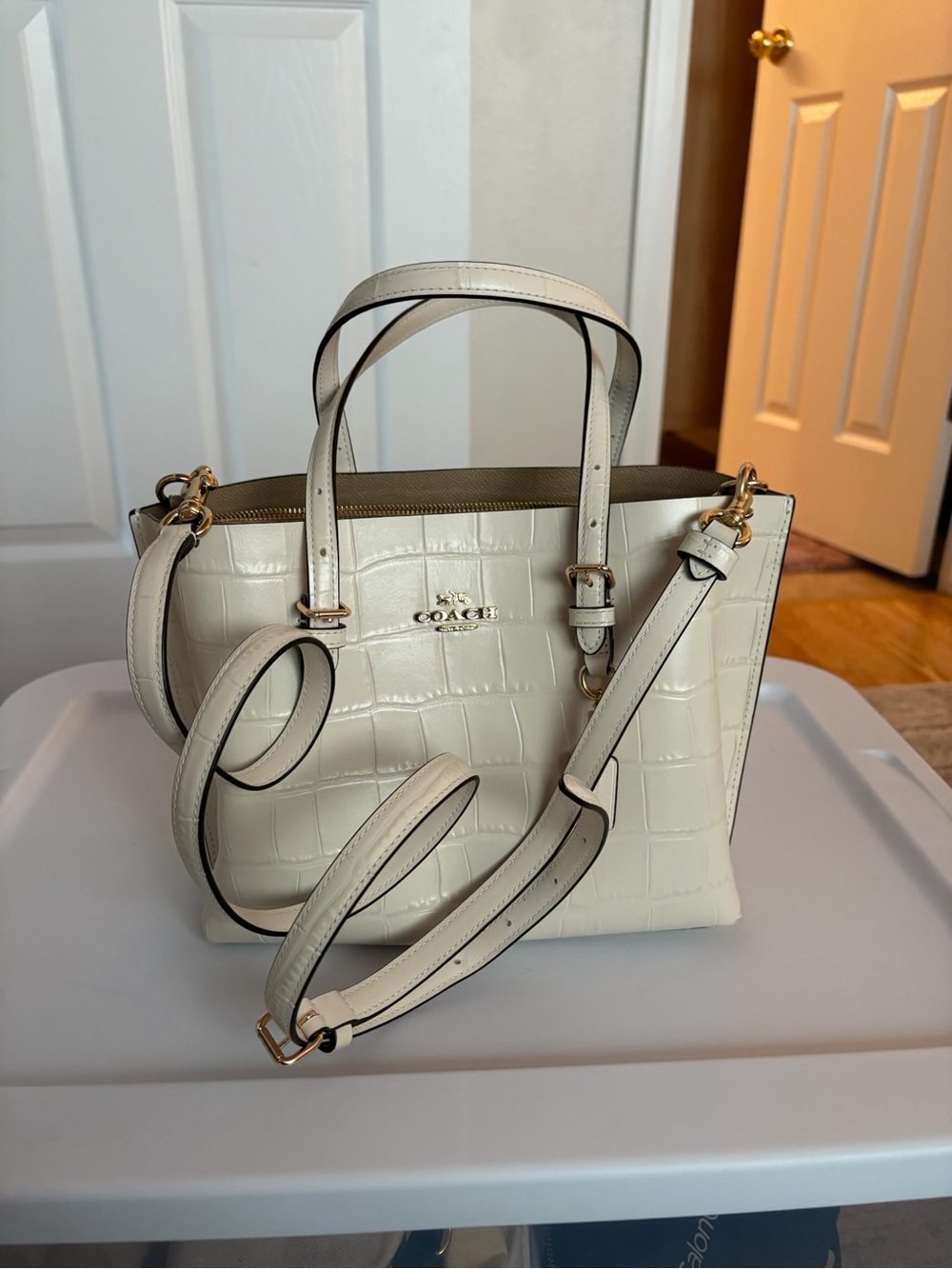 Coach Mollie Tote 25 - Cream Croc-Embossed with Gold Hardware